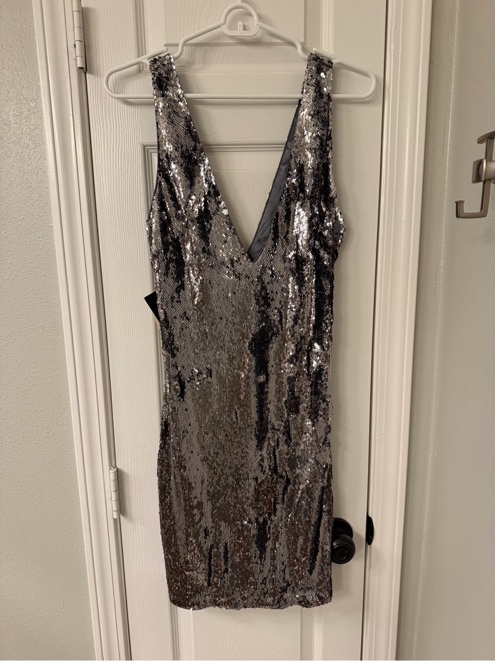 bebe Sequin Deep V Mini Dress